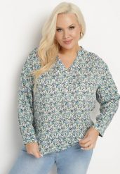 Niebieska Bluzka z Wiskozy w Kwiaty Edilitia. Niebieskie bluzki damskie Born2be, xl, bez wzorów, z jeansu, eleganckie, bez kołnierzyka, bez ramiączek. Za 39.99 zł.