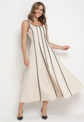 Jasnobeżowa Rozkloszowana Sukienka z Wiskozą w Pionowe Paski Gonavirae. Brązowe sukienki damskie Born2be, na imprezę, na lato, m, bez wzorów, z bawełny, eleganckie, bez kołnierzyka, bez ramiączek, maxi, kopertowe. Za 149.99 zł.