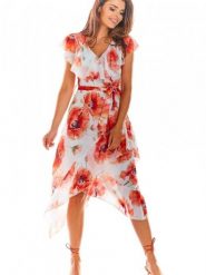 Sukienka Model A308 Red Flowers - awama. Czerwone sukienki damskie Awama, xxl, bez wzorów, z szyfonu, eleganckie, z asymetrycznym kołnierzem, bez ramiączek, asymetryczne. Za 396.72 zł.