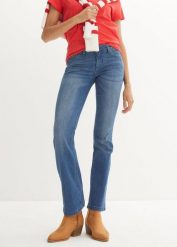 Jeansy o kroju bootcut, mid waist, ze stretchem. Niebieskie jeansy damskie bonprix, bez wzorów, z jeansu. Za 122.99 zł.