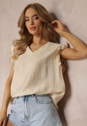 Beżowa Bluzka z Metaliczną Nitką i Falbankami Dollitta. Brązowe bluzki damskie Renee, xl, z aplikacjami, z tkaniny, bez kołnierzyka, bez ramiączek. Za 39.99 zł.
