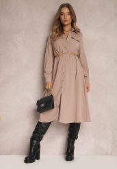 Beżowa Sukienka Koszulowa Pumpa. Brązowe sukienki damskie Renee, m, bez wzorów, bez kołnierzyka, bez ramiączek, midi, koszulowe. Za 139.99 zł.