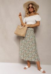 Zielone Szerokie Spodnie Culotte High Waist z Gumką w Talii Vikiisona. Zielone spodnie materiałowe damskie Renee, bez wzorów, z bawełny, eleganckie, z podwyższonym stanem. Za 39.99 zł.