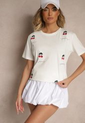 Biały T-shirt z Bawełny z Haftowanymi Detalami w Wiśnie Nevianeva. Białe t-shirty damskie Renee, m, bez wzorów, z bawełny, biznesowe, bez kołnierzyka, bez ramiączek. Za 34.99 zł.