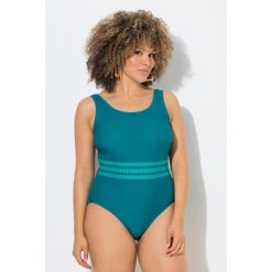 Damskie Strój kąpielowy ozdobne paski bez miękkich miseczek okrągły dekolt. Niebieskie stroje kąpielowe damskie Ulla Popken, plus size, bez wzorów, z elastanu. Za 199.99 zł.