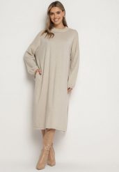 Beżowa Pudełkowa Sukienka z Wiskozą Ozdobiona Metaliczną Nicią Arfalea. Brązowe sukienki damskie Born2be, na co dzień, bez wzorów, z jeansu, eleganckie, bez kołnierzyka, bez ramiączek, midi, proste. Za 119.99 zł.