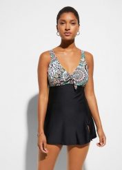 Sukienka kąpielowa z ozdobną kokardką. Czarne sukienki damskie bonprix, na plażę, bez wzorów, bez kołnierzyka, bez ramiączek. Za 132.99 zł.