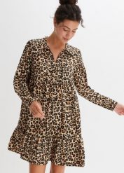Sukienka w animalistyczny deseń. Brązowe sukienki damskie bonprix, bez wzorów, bez kołnierzyka, bez ramiączek. Za 142.99 zł.