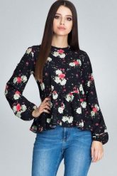 Wzorzysta Bluzka z Podwójną Falbanką - Wzór 75. Brązowe bluzki damskie Figl, l, bez wzorów, z elastanu, bez kołnierzyka, bez ramiączek. Za 189.00 zł.