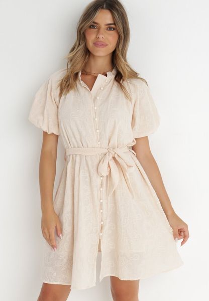 Jasnobeżowa Sukienka z Bawełny Zanpey. Brązowe sukienki damskie Born2be, m, bez wzorów, z bawełny, eleganckie, bez kołnierzyka, bez ramiączek, mini, rozkloszowane. Za 199.99 zł.