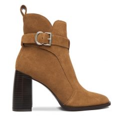 Botki Badura. Brązowe botki damskie Badura, bez wzorów, bez obcasa, na słupku, bez zapięcia. Za 299.99 zł.