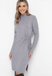 Szara Sukienka Mini ze Sweterkowego Materiału z Półgolfem Ściągana Sznurkiem Docaliva. Szare sukienki damskie Born2be, m, bez wzorów, bez kołnierzyka, bez ramiączek, mini. Za 84.99 zł.