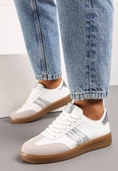 Biało-Srebrne Sznurowane Sneakersy Tenisówki z Kauczukową Podeszwą Gialessa. Białe trampki i tenisówki damskie Renee, bez wzorów, z kauczuku, bez zapięcia. Za 89.99 zł.