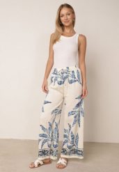 Kremowo-Niebieskie Spodnie Wiskozowe Szerokie z Florystycznym Motywem Casual Nelinore. Brązowe spodnie materiałowe damskie Born2be, bez wzorów, z jeansu, casualowe. Za 49.99 zł.