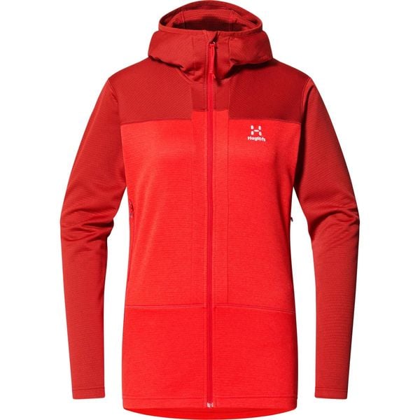 Bluza techniczna damska ROC Flash Mid Hood. Czerwone bluzy damskie Haglöfs, bez wzorów, sportowe, bez ramiączek, bez kaptura. Za 407.99 zł.