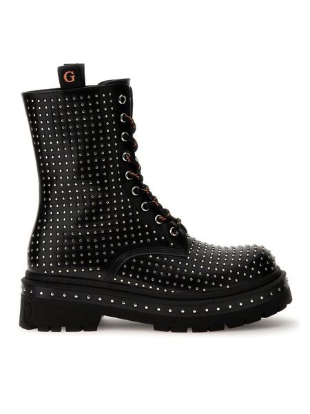 Guess Trzewiki Joya FL7JYA PEL10 Czarny. Czarne botki damskie Guess, z aplikacjami, ze skóry, bez obcasa, na płaskiej podeszwie, bez zapięcia. Za 709.99 zł.