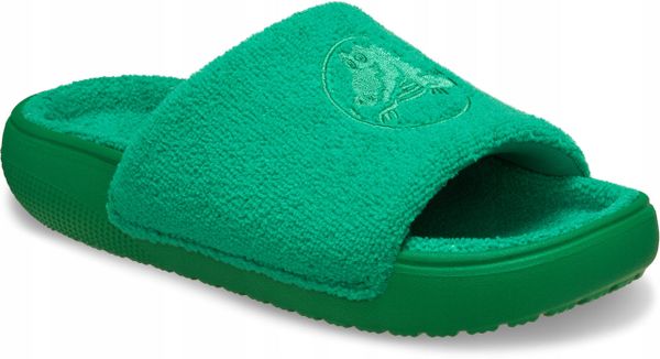 Klapki Dla Dorosłych Crocs Classic Towel Slide. Zielone klapki damskie Crocs, bez wzorów, z materiału, bez obcasa, bez zapięcia. Za 181.99 zł.
