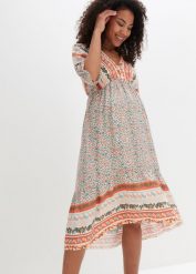 Sukienka ciążowa w fasonie tuniki. Brązowe sukienki damskie bonprix, bez wzorów, bez kołnierzyka, moda ciążowa, bez ramiączek. Za 169.99 zł.