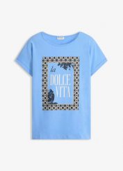 T-shirt z czystej bawełny organicznej. Niebieskie t-shirty damskie bonprix, bez wzorów, z bawełny, eleganckie, bez kołnierzyka, bez ramiączek. Za 54.99 zł.