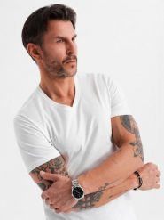 Klasyczna męska bawełniana koszulka z dekoltem w serek BASIC – biała V4 OM-TSBS-0237 - XXL. Białe t-shirty męskie Ombre Clothing, l, bez wzorów, z bawełny, bez kołnierzyka, bez ramiączek. W wyprzedaży za 39.99 zł.
