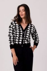 Krótki Kardigan w Pepitkę - Czarny. Czarne kardigany damskie MOE, l, bez wzorów, z materiału, bez kołnierzyka. Za 243.90 zł.