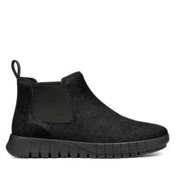 Sztyblety Geox. Czarne botki damskie Geox, bez wzorów, bez obcasa, na płaskiej podeszwie, bez zapięcia. Za 589.99 zł.