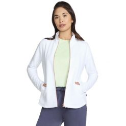 Bluza dresowa sportowa damska The Hoodless Hoodie GoWalk Shine Jacket. Białe bluzy damskie Skechers, bez wzorów, z dresówki, sportowe, bez ramiączek, bez kaptura. Za 249.99 zł.