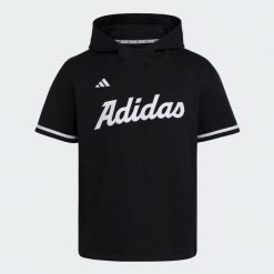 Bluza z kapturem i krótkim rękawem adidas Dugout. Czarne bluzy damskie Adidas, l, bez wzorów, z bawełny, eleganckie, bez ramiączek, z kapturem. Za 349.00 zł.