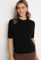 Czarny Sweter z Wełną z Krótkim Rękawem Dannoria. Czarne swetry nierozpinane damskie Born2be, uniwersalny, bez wzorów, z jeansu, eleganckie, bez kołnierzyka, bez ramiączek. Za 149.99 zł.