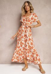 Pomarańczowa Rozkloszowana Sukienka z Wiskozy z Gumką w Pasie i Materiałowym Paskiem Vikllia. Brązowe sukienki damskie Renee, na lato, l, bez wzorów, z materiału, eleganckie, bez kołnierzyka, bez ramiączek, maxi, dopasowane. Za 74.99 zł.
