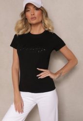 Czarny T-shirt z Bawełny Ozdobiony Metalicznym Napisem Galvivia. Czarne t-shirty damskie Renee, m, z aplikacjami, z bawełny, eleganckie, bez kołnierzyka, bez ramiączek. Za 54.99 zł.