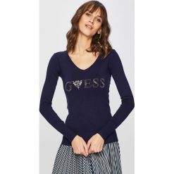 Guess Jeans - Sweter. Niebieskie swetry nierozpinane damskie Guess Jeans, xs, z aplikacjami, z dzianiny, bez kołnierzyka, bez ramiączek. W wyprzedaży za 179.90 zł.