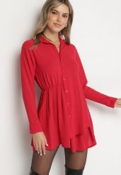 Czerwona Asymetryczna Sukienka o Koszulowym Kroju z Gumką w Talii Elodina. Czerwone sukienki damskie Born2be, na spotkanie biznesowe, bez wzorów, eleganckie, z asymetrycznym kołnierzem, bez ramiączek, mini, asymetryczne. Za 79.99 zł.