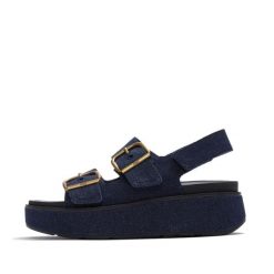 Sandały na koturnie z zapięciem na plecach damskie FitFlop Gen-FF Max. Niebieskie sandały damskie FIT FLOP, bez wzorów, z denimu, bez obcasa, na koturnie, bez zapięcia. Za 756.50 zł.