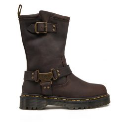 Botki Dr. Martens. Brązowe botki damskie Dr. Martens, bez wzorów, bez obcasa, na płaskiej podeszwie, bez zapięcia. Za 589.99 zł.