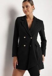 Czarna Taliowana Sukienka o Kroju Marynarki z Mini Trenem Besista. Czarne sukienki damskie Born2be, m, z aplikacjami, eleganckie, bez kołnierzyka, bez ramiączek, mini. Za 129.99 zł.