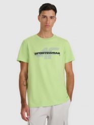 4F T-shirt regular z nadrukiem męski - zielony L. Zielone t-shirty męskie 4F, l, bez wzorów, z bawełny, bez kołnierzyka, bez ramiączek. W wyprzedaży za 49.99 zł.