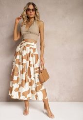 Beżowa Rozkloszowana Spódnica High Waist z Gumką w Talii i Guzikami Tinasshi. Brązowe spódnice damskie Renee, na lato, m, bez wzorów, z materiału, z podwyższonym stanem, maxi, rozkloszowane. Za 69.99 zł.