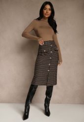 Czarno-Beżowa Tweedowa Spódnica Ołówkowa w Kratę z Guzikami Aretusa. Czarne spódnice damskie Renee, do pracy, m, bez wzorów, biznesowe, z podwyższonym stanem, midi, ołówkowe. Za 69.99 zł.