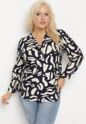 Granatowa Koszula z Wiskozą Zdobiona Geometrycznym Wzorem Melivis. Niebieskie koszule damskie Born2be, plus size, z aplikacjami, z jeansu, eleganckie, bez kołnierzyka, bez ramiączek. Za 69.99 zł.
