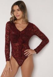 Bordowe Koronkowe Body z Falbanką Vidane. Czerwone body Born2be, z aplikacjami, z jeansu. Za 99.99 zł.