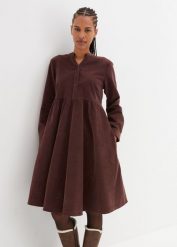 Sukienka ze sztruksu z bawełny. Brązowe sukienki damskie bonprix, bez wzorów, z bawełny, bez kołnierzyka, bez ramiączek. Za 147.99 zł.