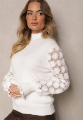 Biały Półgolf Sweter z Wiskozą Ściągaczem i Koronką Liasara. Białe swetry nierozpinane damskie Renee, na zimę, bez wzorów, z koronki, casualowe, bez kołnierzyka, bez ramiączek. Za 84.99 zł.