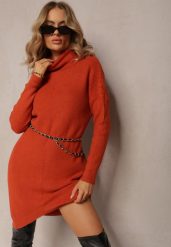 Czerwona Sukienka ze Sweterkowej Dzianiny z Golfem i Wycięciem na Dole Weronitte. Brązowe sukienki damskie Renee, na co dzień, l, bez wzorów, z dzianiny, klasyczne, bez kołnierzyka, bez ramiączek, mini. Za 69.99 zł.