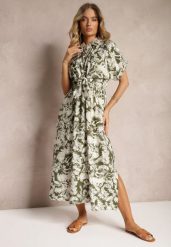 Zielono-Biała Sukienka Taliowana z Gumką w Talii Nasilena. Zielone sukienki damskie Renee, na co dzień, l, bez wzorów, eleganckie, bez kołnierzyka, bez ramiączek, maxi, proste. Za 74.99 zł.