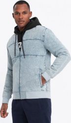 Kurtka męska jeansowa bomberka z efektem stone wash jasnoniebieska V3 OM-JADJ-0163 XXL. Niebieskie kurtki męskie Ombre, m, bez wzorów, z jeansu, bez kaptura. Za 453.86 zł.