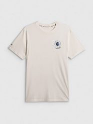 4F T-shirt regular z nadrukiem męski - beżowy S. Brązowe t-shirty męskie 4F, m, bez wzorów, z bawełny, bez kołnierzyka, bez ramiączek. Za 59.99 zł.
