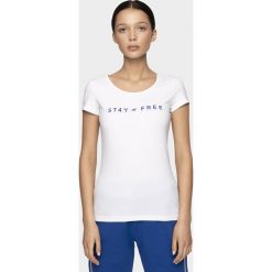 T-shirt damski TSD004 - biały. Białe t-shirty damskie 4F, bez wzorów, bez kołnierzyka, bez ramiączek. W wyprzedaży za 39.99 zł.
