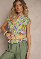 Fioletowo-Zielona Koszula z Bawełny w Kwiaty Natilea. Fioletowe koszule damskie Renee, l, bez wzorów, z bawełny, eleganckie, bez kołnierzyka, bez ramiączek. Za 69.99 zł.