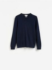 Sweter z wełny merino i kaszmiru - granatowy. Niebieskie swetry męskie Reserved, l, bez wzorów, z kaszmiru, bez kołnierzyka, bez ramiączek. Za 299.99 zł.